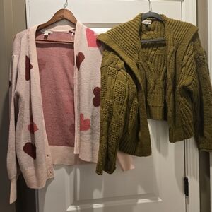 Olive Green and Pink Heart Women's Sweater Set